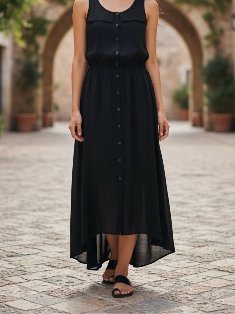 Ann Taylor Black Sleeveless Button-Front High-Low Maxi Dress